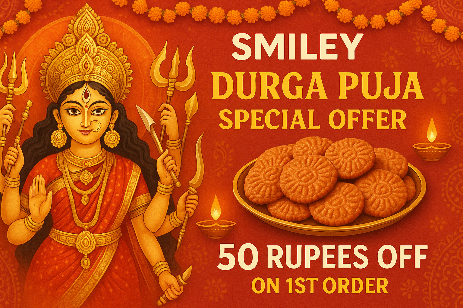 durga puja special offer 1st order pe 50 rupees off my brand name smiley and my product thekua  image me durga mata rani ka image hona chahiye