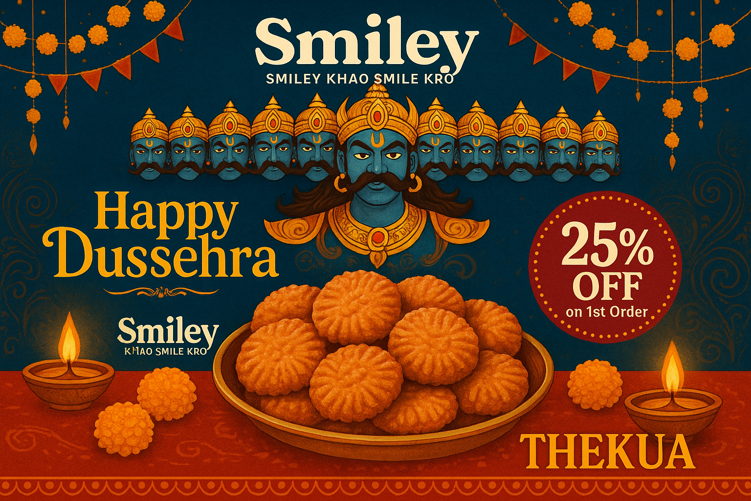smiley Dussehra, my brand name Smiley and my product thekua , this festival 25% on our 1st order, smiley khao smile kro, ish image me dashanand ravan ka image hona chahiye